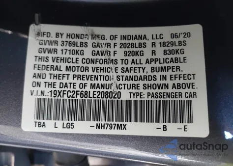 2020 Honda Civic Lx z USA, uszkodzony, nr VIN 19XFC2F68LE208020